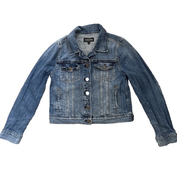 J Crew Indigo Denim Jacket Womens Small Blue Jean Medium Wash Distressed Trucker - Picture 1 of 16